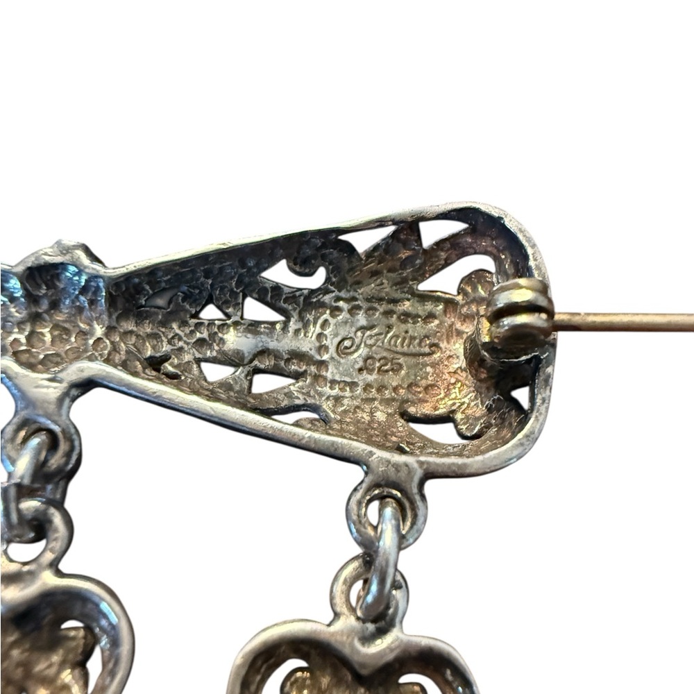 Vintage JezLaine 925 Silver Heart Charms Filigree Dangle Brooch - Picture 3 of 6